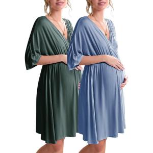 Ekouaer 3 in 1 Labor/Delivery/Hospital Gown 2 Pack Maternity Dress Nursing Nightgown Sleepwear(Dark Green/Lake Blue)