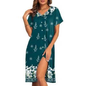 Ekouaer House Dresses for Women with Pockets Button Down Nightgowns Plus Size Moo Moos Mumu Dresses Floral Print S-3XL(Deep Green Flower)