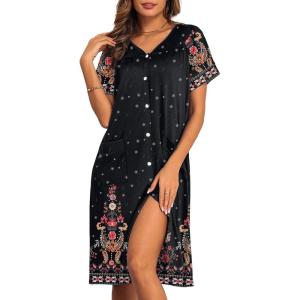 Ekouaer House Dresses for Women with Pockets Button Down Nightgowns Plus Size Moo Moos Mumu Dresses Floral Print S-3XL(Ethnic Black)