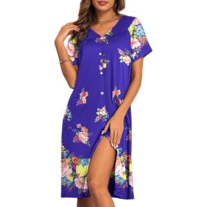 Ekouaer House Dresses for Women with Pockets Button Down Nightgowns Plus Size Moo Moos Mumu Dresses Floral Print S-3XL(Flower Blue)
