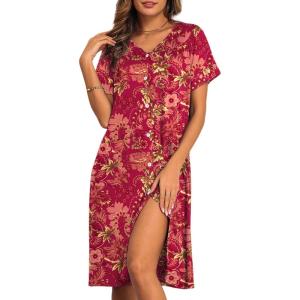 Ekouaer House Dresses for Women with Pockets Button Down Nightgowns Plus Size Moo Moos Mumu Dresses Floral Print S-3XL(Flower Red)
