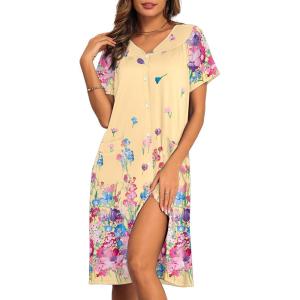 Ekouaer House Dresses for Women with Pockets Button Down Nightgowns Plus Size Moo Moos Mumu Dresses Floral Print S-3XL(Flower Yellow)