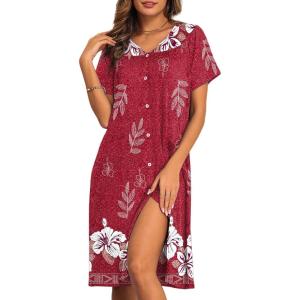 Ekouaer House Dresses for Women with Pockets Button Down Nightgowns Plus Size Moo Moos Mumu Dresses Floral Print S-3XL(Red Flower)