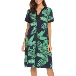 Ekouaer Housecoat Women Zipper Front Duster Robe Short Sleeve Lounger Housedress Pockets Nightgown Casual Nights S-XXXL(Black Green Leaves)