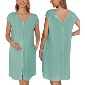 Ekouaer Labor/Delivery/Hospital Gown Nursing Nightgown Maternity Sleepwear With Pockets Postpartum Gowns with Button S-XXL(Grey Grenn)