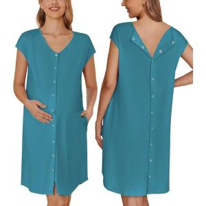 Ekouaer Labor/Delivery/Hospital Gown Nursing Nightgown Maternity Sleepwear With Pockets Postpartum Gowns with Button S-XXL(Lake Blue)