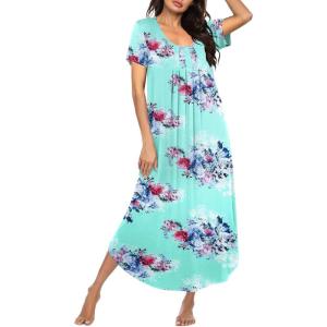 Ekouaer Long Nightgowns for Women Plus Size House Dress Short Sleeve Night Gown Pleated Full Length Loungwear S-4XL(Blue Flower)