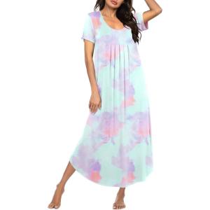 Ekouaer Long Nightgowns for Women Plus Size House Dress Short Sleeve Night Gown Pleated Full Length Loungwear S-4XL(Green Tie-dye)