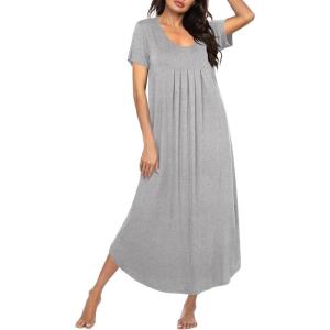 Ekouaer Long Nightgowns for Women Plus Size House Dress Short Sleeve Night Gown Pleated Full Length Loungwear S-4XL(Grey)
