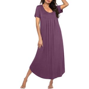 Ekouaer Long Nightgowns for Women Plus Size House Dress Short Sleeve Night Gown Pleated Full Length Loungwear S-4XL(Purple)
