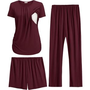 Ekouaer Maternity Nursing Pajamas Set 3 Piece Postpartum Lounge Breastfeeding Pjs Pregnancy Shorts & Pants S-XXL(Burgundy)