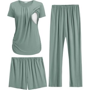 Ekouaer Maternity Nursing Pajamas Set 3 Piece Postpartum Lounge Breastfeeding Pjs Pregnancy Shorts & Pants S-XXL(Gray Green)