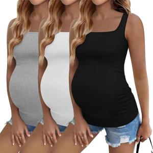 Ekouaer Maternity Tank Tops 3 Pack Square Neck Pregnancy Shirts for Women Summer Ruched Side Sleeveless Pregnant Clothes Top(Black/Light Grey/White)
