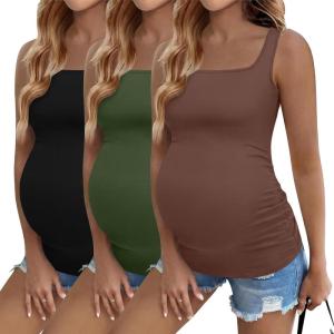 Ekouaer Maternity Tank Tops 3 Pack Square Neck Pregnancy Shirts for Women Summer Ruched Side Sleeveless Pregnant Clothes Top(Brown/Black/Army Green)