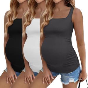 Ekouaer Maternity Tank Tops 3 Pack Square Neck Pregnancy Shirts for Women Summer Ruched Side Sleeveless Pregnant Clothes Top(Dark Grey/White/Black)