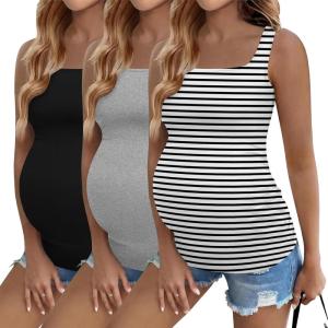 Ekouaer Maternity Tank Tops 3 Pack Square Neck Pregnancy Shirts for Women Summer Ruched Side Sleeveless Pregnant Clothes Top(Light Grey/White Striped/Black)