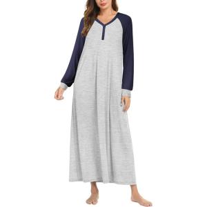 Ekouaer Nightgown Long Sleeve for Women Sleepwear V Neck Loungewear Button Full Length Nightshirt(A-navy Blue)