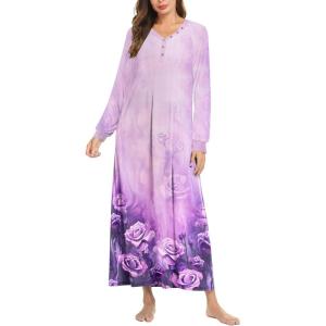 Ekouaer Nightgown Long Sleeve for Women Sleepwear V Neck Loungewear Button Full Length Nightshirt(Floral Light Purple)