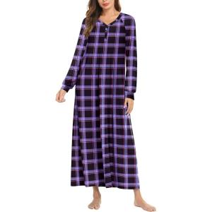 Ekouaer Nightgown Long Sleeve for Women Sleepwear V Neck Loungewear Button Full Length Nightshirt(Purple Plaid)