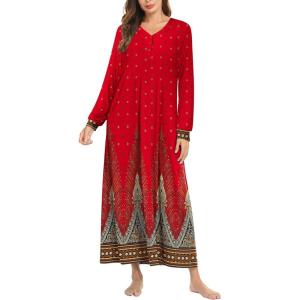 Ekouaer Nightgown Long Sleeve for Women Sleepwear V Neck Loungewear Button Full Length Nightshirt(Red Feather Print)