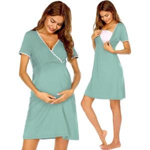 Ekouaer Nursing Nightgown Delivery and Labor Gown for Hospital Short Sleeve Maternity Breastfeeding Dress(Green)