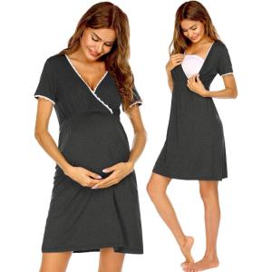 Ekouaer Nursing Nightgown Delivery and Labor Gown for Hospital Short Sleeve Maternity Breastfeeding Dress(Heather Dark Gray)