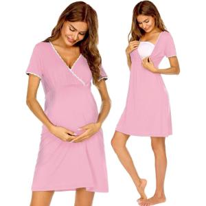 Ekouaer Nursing Nightgown Delivery and Labor Gown for Hospital Short Sleeve Maternity Breastfeeding Dress(Misty Rose)