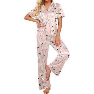 Ekouaer Silk Pajamas for Womens 2 Piece Satin Pjs Set Soft Button Down Sleepwear Long Pants with Pockets
