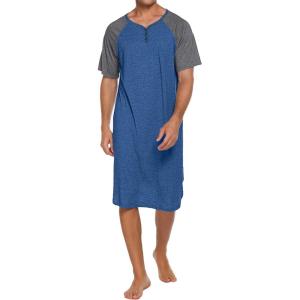 Ekouaer Sleepwear Men’s Nightshirt Short Sleeve Pajamas Comfy Big & Tall Henley Sleep Shirt M-XXXL(Blue With Dark Grey)