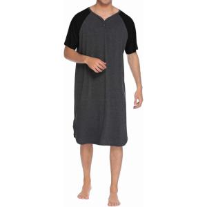 Ekouaer Sleepwear Men’s Nightshirt Short Sleeve Pajamas Comfy Big & Tall Henley Sleep Shirt M-XXXL(Dark Grey With Black)