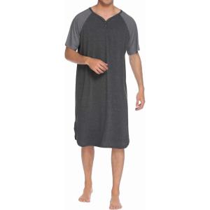 Ekouaer Sleepwear Men’s Nightshirt Short Sleeve Pajamas Comfy Big & Tall Henley Sleep Shirt M-XXXL(Dark Grey With Light Grey)