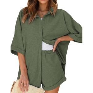 Ekouaer Waffle Knit Lounge Sets for Women Short Sleeve Pajamas Button Down Pjs Oversized Loungewear Shorts Set(Army Green)
