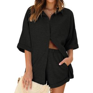 Ekouaer Waffle Knit Lounge Sets for Women Short Sleeve Pajamas Button Down Pjs Oversized Loungewear Shorts Set(Black)