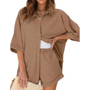 Ekouaer Waffle Knit Lounge Sets for Women Short Sleeve Pajamas Button Down Pjs Oversized Loungewear Shorts Set(Brown)