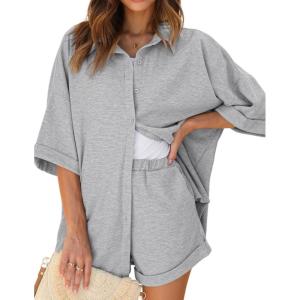 Ekouaer Waffle Knit Lounge Sets for Women Short Sleeve Pajamas Button Down Pjs Oversized Loungewear Shorts Set(Gray)