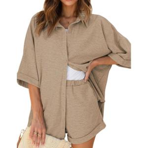 Ekouaer Waffle Knit Lounge Sets for Women Short Sleeve Pajamas Button Down Pjs Oversized Loungewear Shorts Set(Khaki)