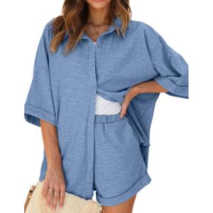 Ekouaer Waffle Knit Lounge Sets for Women Short Sleeve Pajamas Button Down Pjs Oversized Loungewear Shorts Set(Lake Blue)