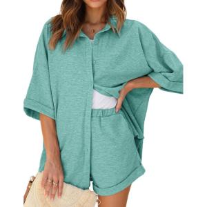 Ekouaer Waffle Knit Lounge Sets for Women Short Sleeve Pajamas Button Down Pjs Oversized Loungewear Shorts Set(Mint Green)