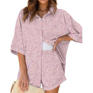 Ekouaer Waffle Knit Lounge Sets for Women Short Sleeve Pajamas Button Down Pjs Oversized Loungewear Shorts Set(Pink Dye)