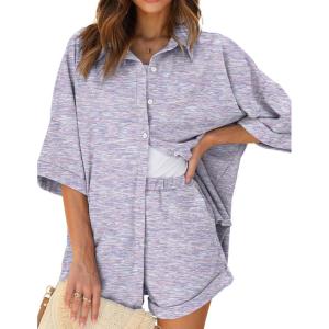 Ekouaer Waffle Knit Lounge Sets for Women Short Sleeve Pajamas Button Down Pjs Oversized Loungewear Shorts Set(Purple Dye)