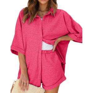 Ekouaer Waffle Knit Lounge Sets for Women Short Sleeve Pajamas Button Down Pjs Oversized Loungewear Shorts Set(Rose Red)