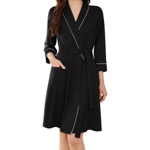 Ekouaer Women Robes Shawl Collar Bathrobe Short Kimono Robe Soft Knit Bathrobes Ladies Sleepwear with Pockets Black XX-Large