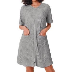 Ekouaer Women Zipper Robes Knit Short Bathrobe Lightweight House Coat with Pockets Soft Nightgown(Grey)