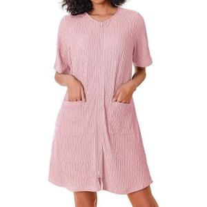 Ekouaer Women Zipper Robes Knit Short Bathrobe Lightweight House Coat with Pockets Soft Nightgown(Pink)
