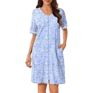 Ekouaer Women Zipper Robes Short Sleeves Housecoat Lightweight Bathrobes Zip Up Robe Casual Nightgown with Pockets S-2XL(Blue Grid Floral)