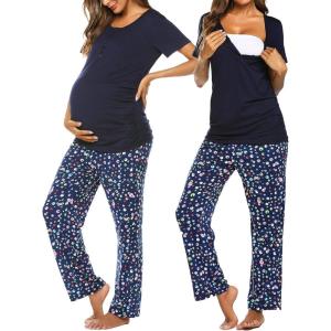Ekouaer Women’s Maternity Nursing Pajamas Sets Breastfeeding Printed Sleepwear Short Sleeve 2 Pcs Henley Top and Pants Set(Navy Blue Print)