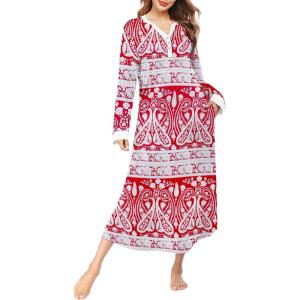 Ekouaer Womens Nightgown Long Loungewear V Neck Nightshirt Sleepwear Full Length Sleepshirt with Pockets(Red Cashews)