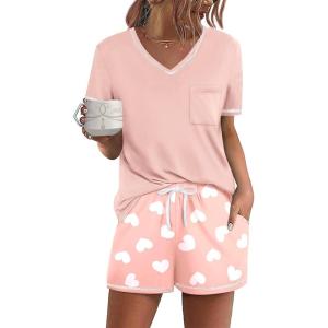 Ekouaer Women’s Pajamas Sets Short Sleeve Lounge Sets Sleepwear Casual Two Piece Pjs With Pockets(A-white Heart)