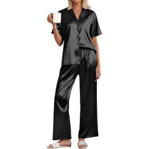 Ekouaer Womens Silk Pajama Sets Short Sleeve Button Down Shirt with Long Pants Soft Sleepwear Satin Pjs Lounge Set S-XXL(Black)