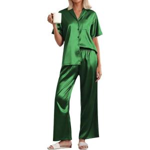 Ekouaer Womens Silk Pajama Sets Short Sleeve Button Down Shirt with Long Pants Soft Sleepwear Satin Pjs Lounge Set S-XXL(Dark Green)